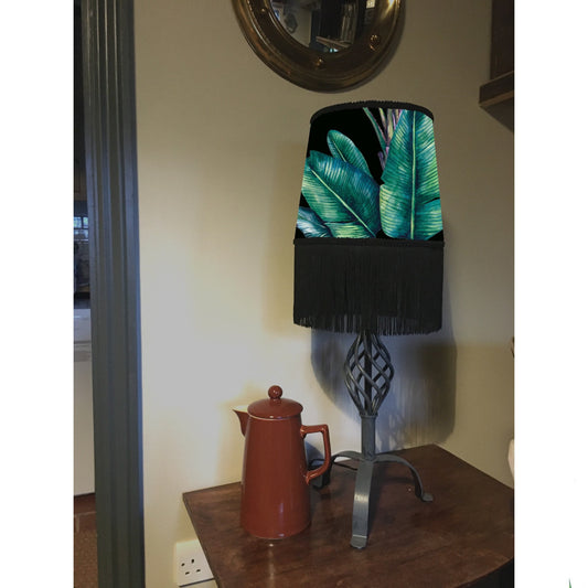 Leaves velvet in black, french drum lampshade / ceiling light shade, with black fringe and braid