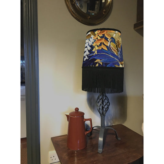 Floral midnight velvet french drum lampshade / ceiling light shade, with black fringe and braid