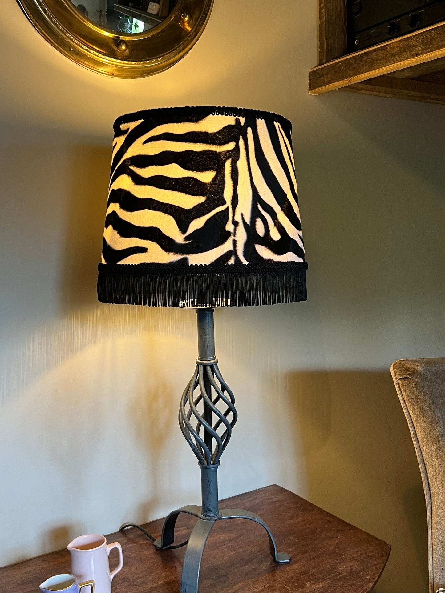 Zebra print velboa french drum lampshade, with black fringe and braid