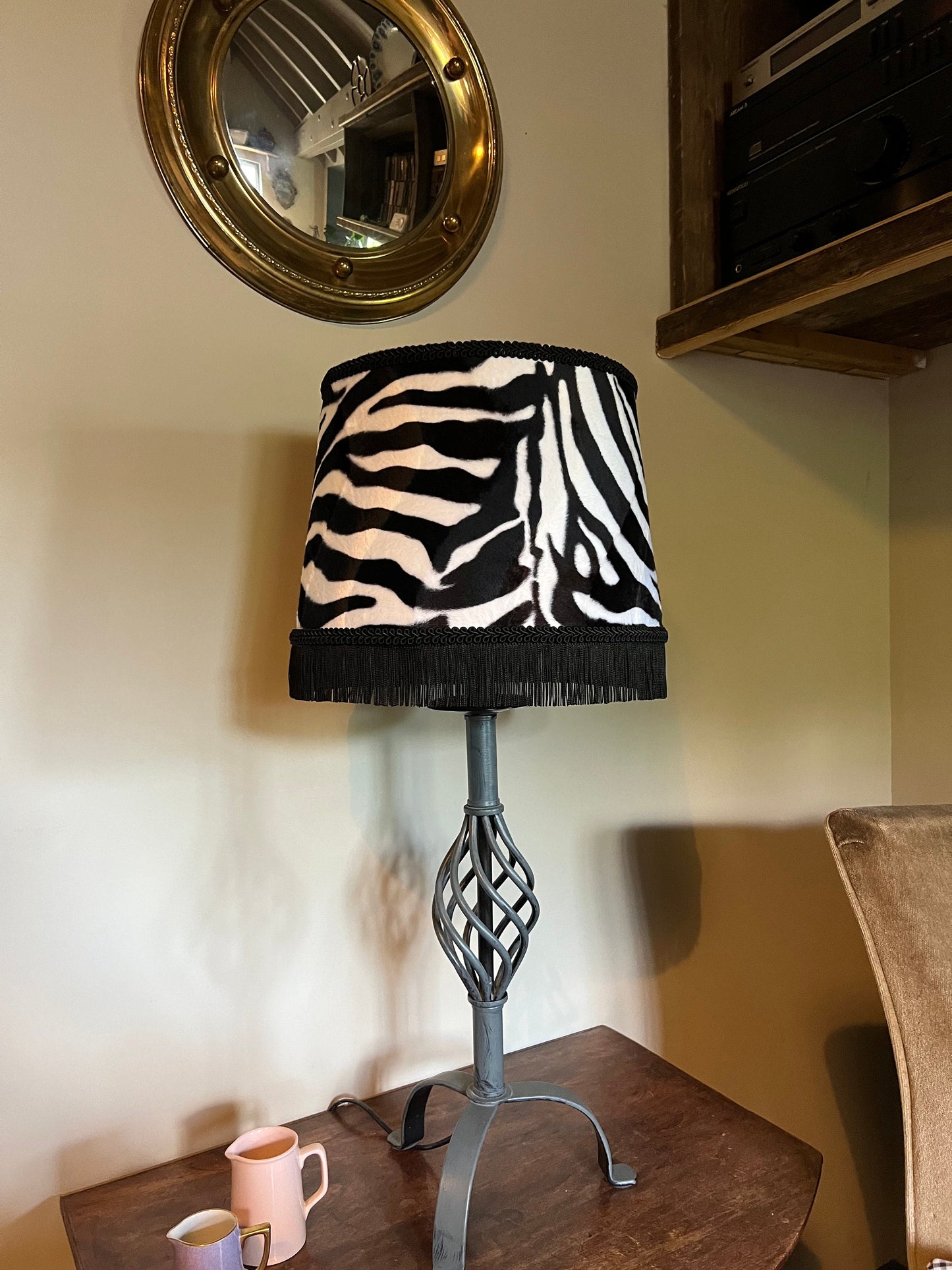 Zebra print velboa french drum lampshade, with black fringe and braid